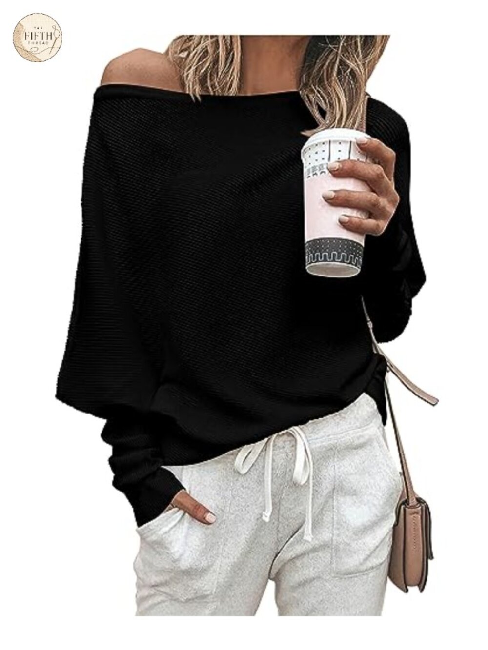 Off Shoulder Batwing Knit Pullover Sweater Loose Fit Long Sleeve